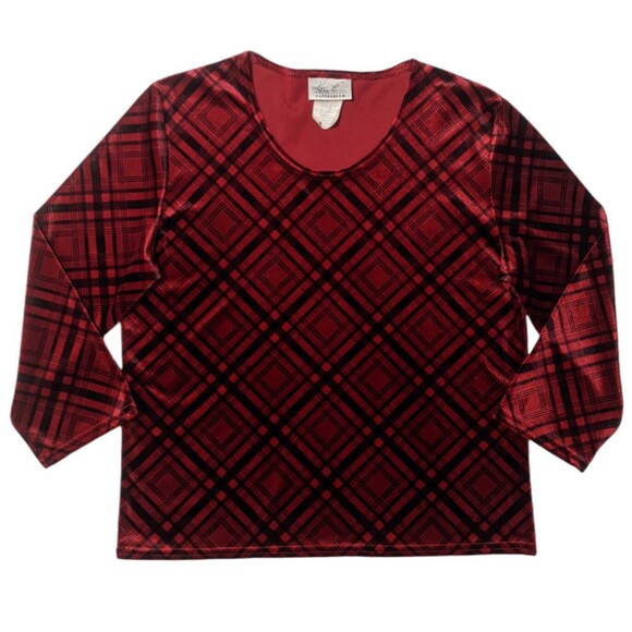 Vintage Plaid Velvet Shirt Red Black Top M Medium Kathie Lee 90s Punk Stretchy - Picture 1 of 9